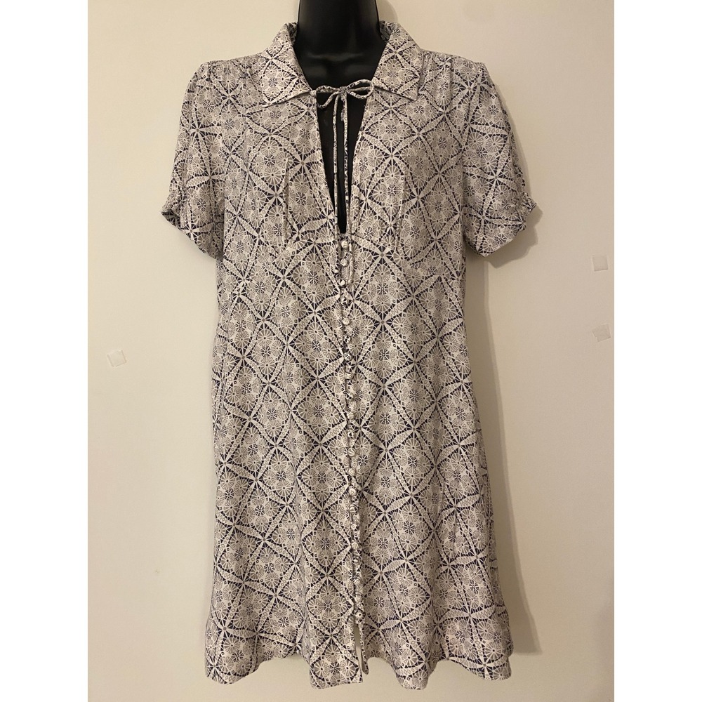 Free People Blue White Geometric Tile Print Button Front Mini Dress Size 10